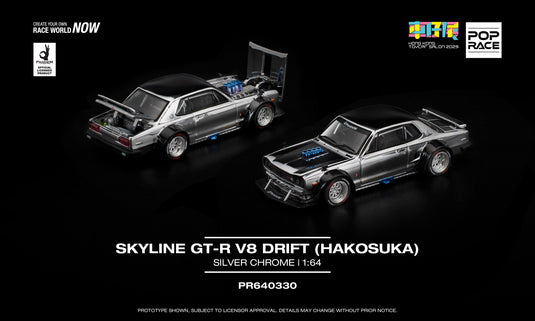 Pop Race - Skyline GT-R V8 Drift (Hakosuka) (Silver Chrome) 1/64 Scale Diecast Model Car