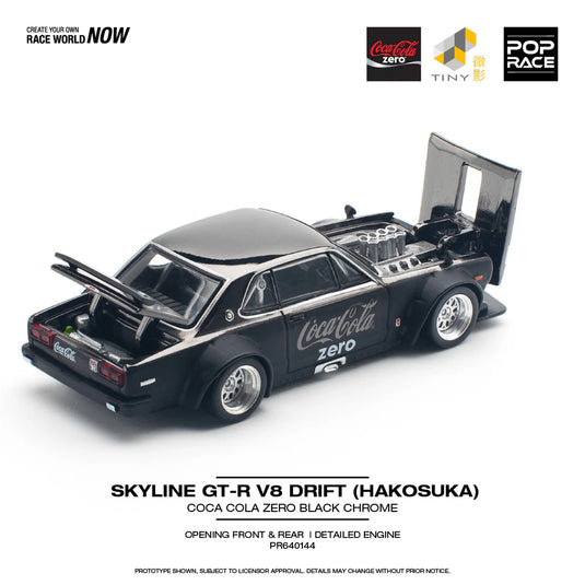 Pop Race - Skyline GT-R V8 Drift (Hakosuka) Coca Cola Zero (Chrome Black) 1/64 Scale Diecast Model Car
