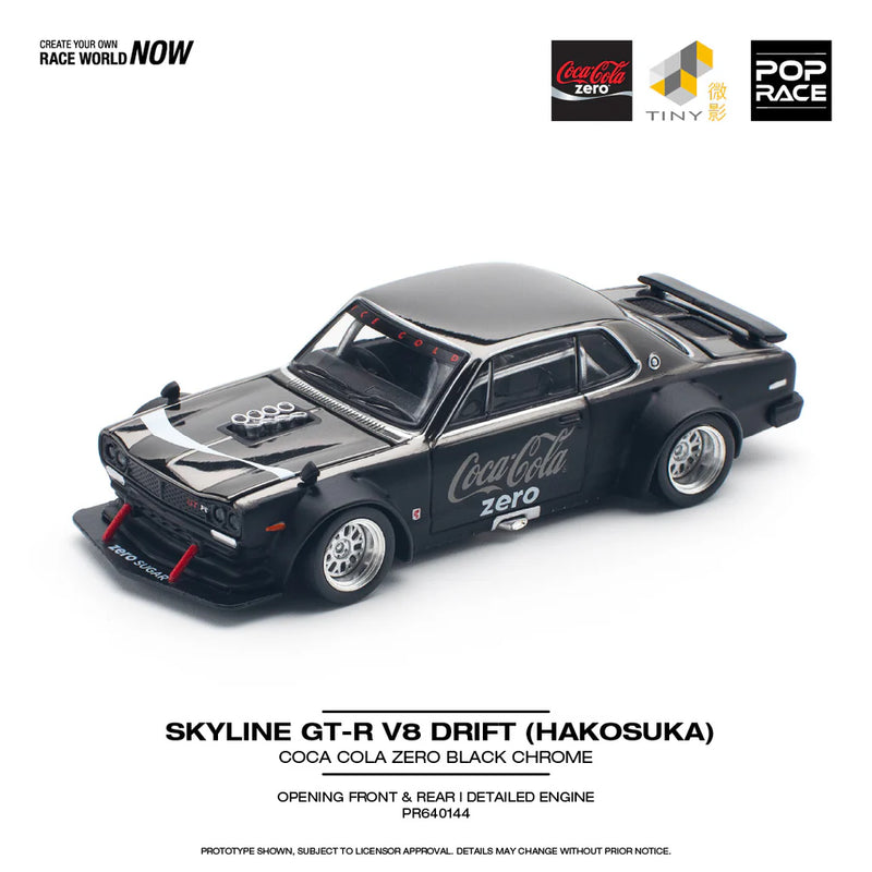Load image into Gallery viewer, Pop Race - Skyline GT-R V8 Drift (Hakosuka) Coca Cola Zero (Chrome Black) 1/64 Scale Diecast Model Car

