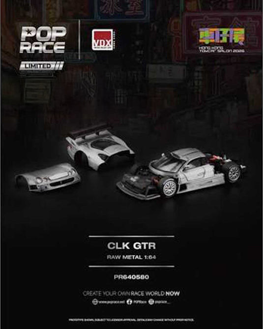 Pop Race - CLK GTR (Raw Metal) (Hong Kong Toy Car Salon 2026) 1/64 Scale Diecast Model Car (PR640580)