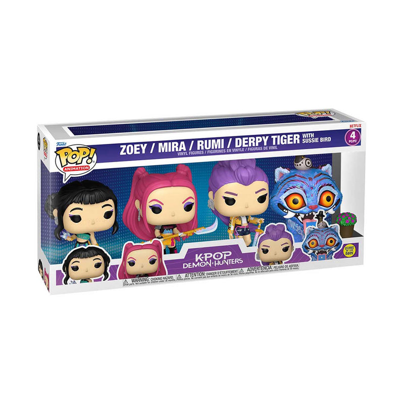 Load image into Gallery viewer, POP! Animation - KPop Demon Hunters - Zoey, Mira, Rumi and Derpy Tiger with Sussie Bird Set of 4
