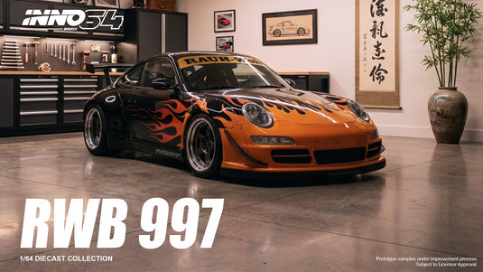 INNO64 - RWB 997 (Orange Burning Flame) 1/64 Scale Diecast Model Cars (IN64-RWB997-OBF)