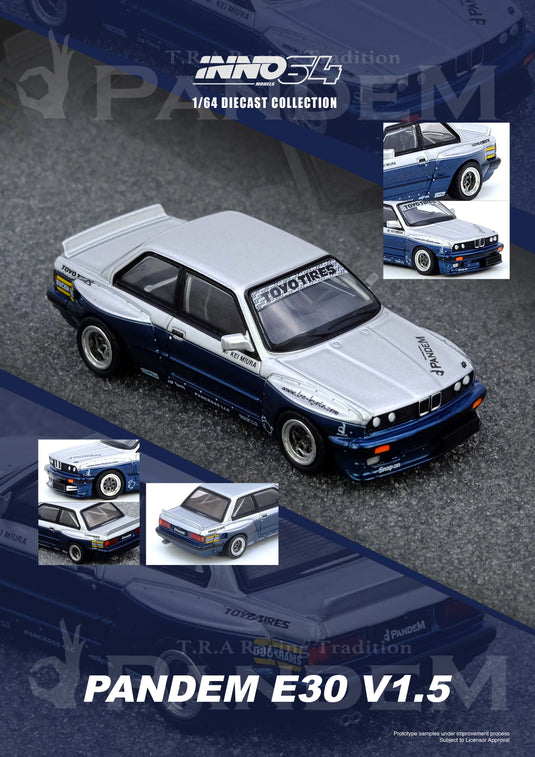 INNO64 - Pandem E30 M3 (Silver/Blue) 1/64 Scale Diecast Model Cars (IN64-E30P-SILBLU)