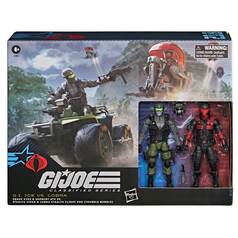 Load image into Gallery viewer, G.I. Joe Classified Series - Snake Eyes &amp; Varmint ATV VS. Stealth Viper &amp; Cobra Stealth Flight Pod (Trubble Bubble)
