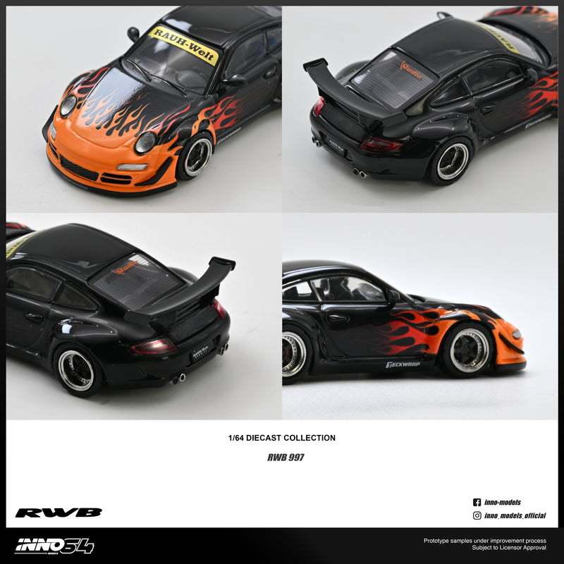 Load image into Gallery viewer, INNO64 - RWB 997 (Orange Burning Flame) 1/64 Scale Diecast Model Cars (IN64-RWB997-OBF)

