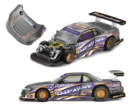 Kaido House - Kaido House x Mini GT - Nissan Silvia S13-R Kaido Drift V1 Greddy (Gunmetal Gray) 1/64 Scale Diecast Model Car