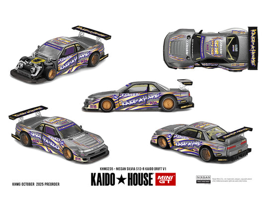 Kaido House - Kaido House x Mini GT - Nissan Silvia S13-R Kaido Drift V1 Greddy (Gunmetal Gray) 1/64 Scale Diecast Model Car