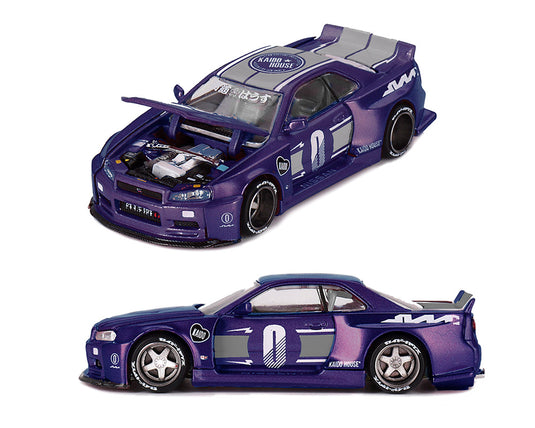 Kaido House - Kaido House x Mini GT - Nissan Skyline GT-R (R34) Kaido Factory Racing V2 (Midnight Purple) 1/64 Scale Diecast Model Car