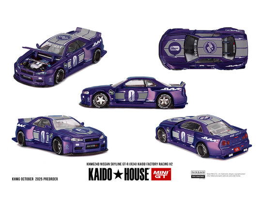 Kaido House - Kaido House x Mini GT - Nissan Skyline GT-R (R34) Kaido Factory Racing V2 (Midnight Purple) 1/64 Scale Diecast Model Car
