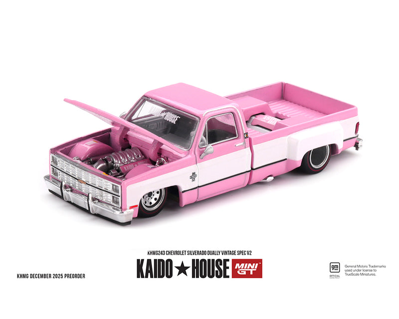 Load image into Gallery viewer, Kaido House - Kaido House x Mini GT - Chevrolet Silverado Dually Vintage Spec V2 (Pink with White) 1/64 Scale Diecast Model Car (KHMG243)

