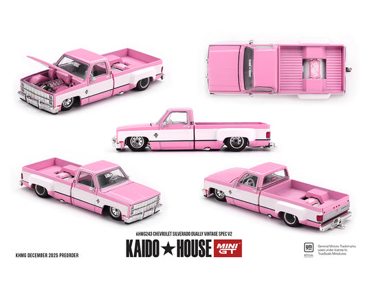 Kaido House - Kaido House x Mini GT - Chevrolet Silverado Dually Vintage Spec V2 (Pink with White) 1/64 Scale Diecast Model Car (KHMG243)