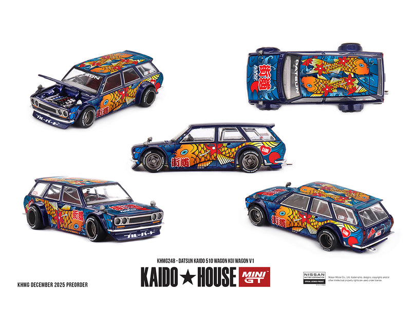 Load image into Gallery viewer, Kaido House - Kaido House x Mini GT - Datsun KAIDO 510 Wagon Koi Wagon V1 (Blue) 1/64 Scale Diecast Model Car (KHMG248)
