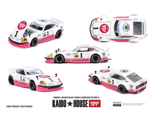 Kaido House - Kaido House x Mini GT - Nissan Fairlady Z Tamiya x Kaido House The Frog V1 (White/Pink) 1/64 Scale Diecast Model Car (KHMG263)