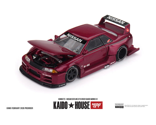 Kaido House - Kaido House x Mini GT - Nissan Skyline GT-R R32 Kaido Works V1 (Burgundy Red) 1/64 Scale Diecast Model Car (KHMG273)