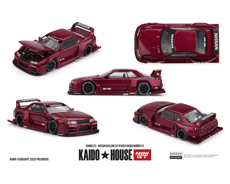 Load image into Gallery viewer, Kaido House - Kaido House x Mini GT - Nissan Skyline GT-R R32 Kaido Works V1 (Burgundy Red) 1/64 Scale Diecast Model Car (KHMG273)

