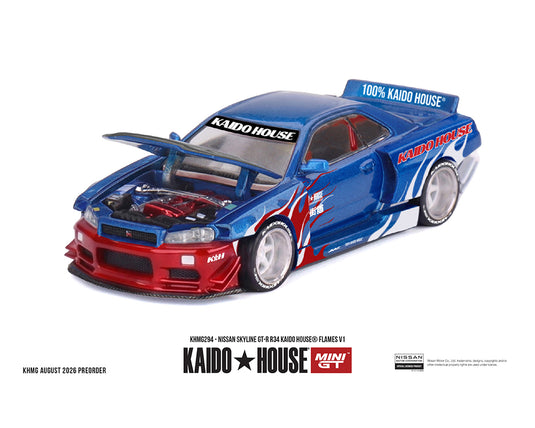 Kaido House - Kaido House x Mini GT - Nissan Skyline GT-R R34 (Kaido House Flames V1) 1/64 Scale Diecast Model Car (KHMG294)