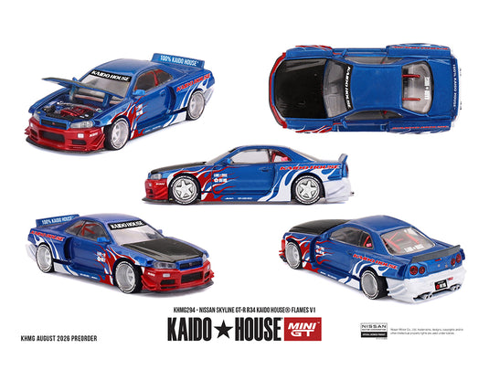 Kaido House - Kaido House x Mini GT - Nissan Skyline GT-R R34 (Kaido House Flames V1) 1/64 Scale Diecast Model Car (KHMG294)