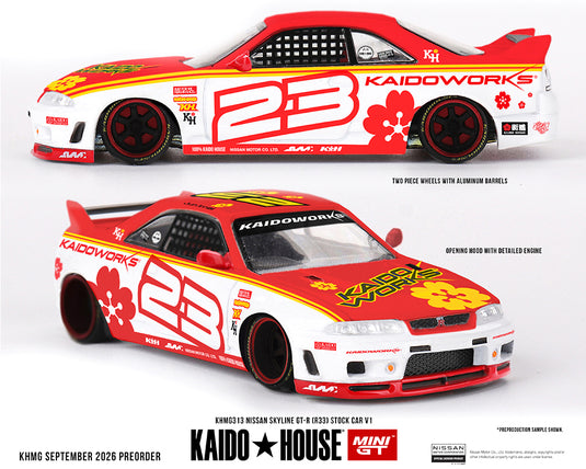 Kaido House - Kaido House x Mini GT - Nissan Skyline GT-R (R33) Kaido Stock Car V1 (White with Red Two-Tone) 1/64 Scale Diecast Model Car (KHMG313)