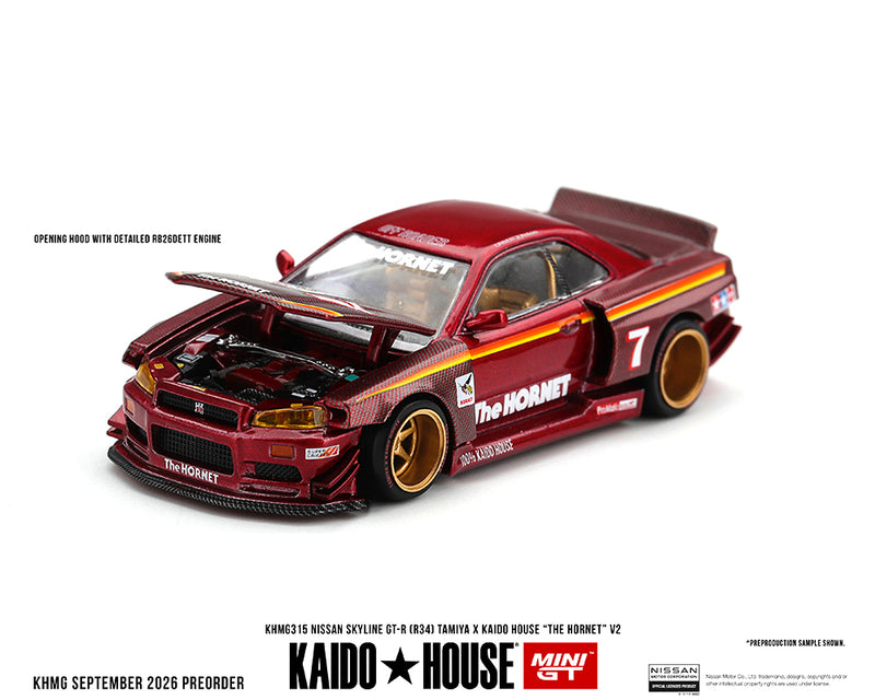 Load image into Gallery viewer, Kaido House - Kaido House x Mini GT - Nissan Skyline GT-R (R34) Tamiya x Kaido House (The Hornet) V2 (M. Red. Carbon) 1/64 Scale Diecast Model Car (KHMG315)
