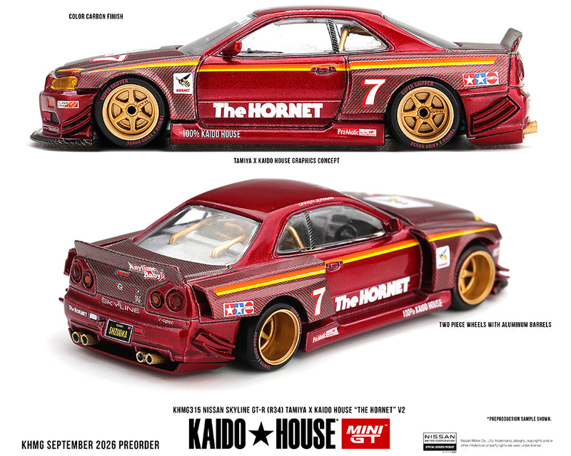 Load image into Gallery viewer, Kaido House - Kaido House x Mini GT - Nissan Skyline GT-R (R34) Tamiya x Kaido House (The Hornet) V2 (M. Red. Carbon) 1/64 Scale Diecast Model Car (KHMG315)

