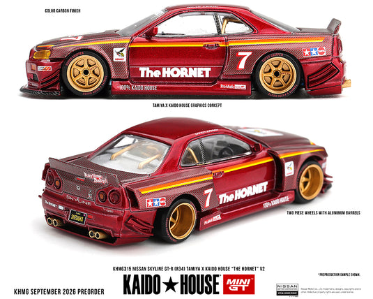 Kaido House - Kaido House x Mini GT - Nissan Skyline GT-R (R34) Tamiya x Kaido House (The Hornet) V2 (M. Red. Carbon) 1/64 Scale Diecast Model Car (KHMG315)