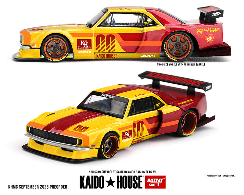Load image into Gallery viewer, Kaido House - Kaido House x Mini GT - Chevrolet Camaro Kaido Racing Team V1 (Red with Yellow Two-Tone) 1/64 Scale Diecast Model Car (KHMG319)
