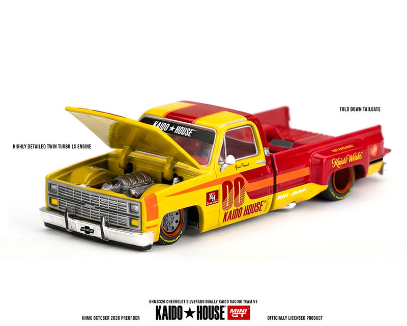 Load image into Gallery viewer, Kaido House - Kaido House x Mini GT - Chevrolet Silverado Dually Kaido Racing Team V1 (Yellow Red Two-Tone) 1/64 Scale Diecast Model Car (KHMG320)
