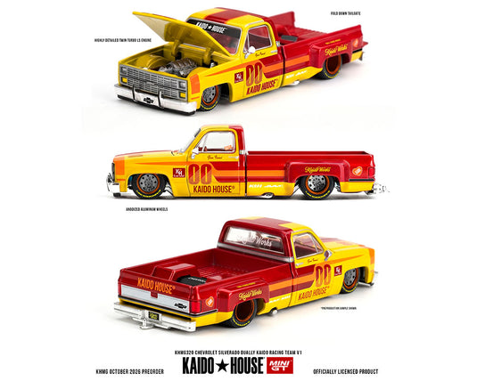 Kaido House - Kaido House x Mini GT - Chevrolet Silverado Dually Kaido Racing Team V1 (Yellow Red Two-Tone) 1/64 Scale Diecast Model Car (KHMG320)
