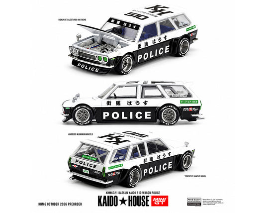 Kaido House - Kaido House x Mini GT - Datsun Kaido 510 Wagon Police (Black White Two-Tone) 1/64 Scale Diecast Model Car (KHMG321)