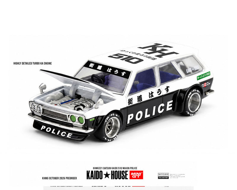 Load image into Gallery viewer, Kaido House - Kaido House x Mini GT - Datsun Kaido 510 Wagon Police (Black White Two-Tone) 1/64 Scale Diecast Model Car (KHMG321)
