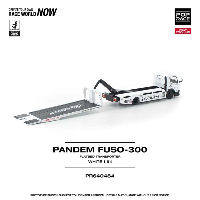 Load image into Gallery viewer, Pop Race - Pandem FUSO-300 Flatbed Transporter (White) 1/64 Scale Diecast Model Car (PR640484)

