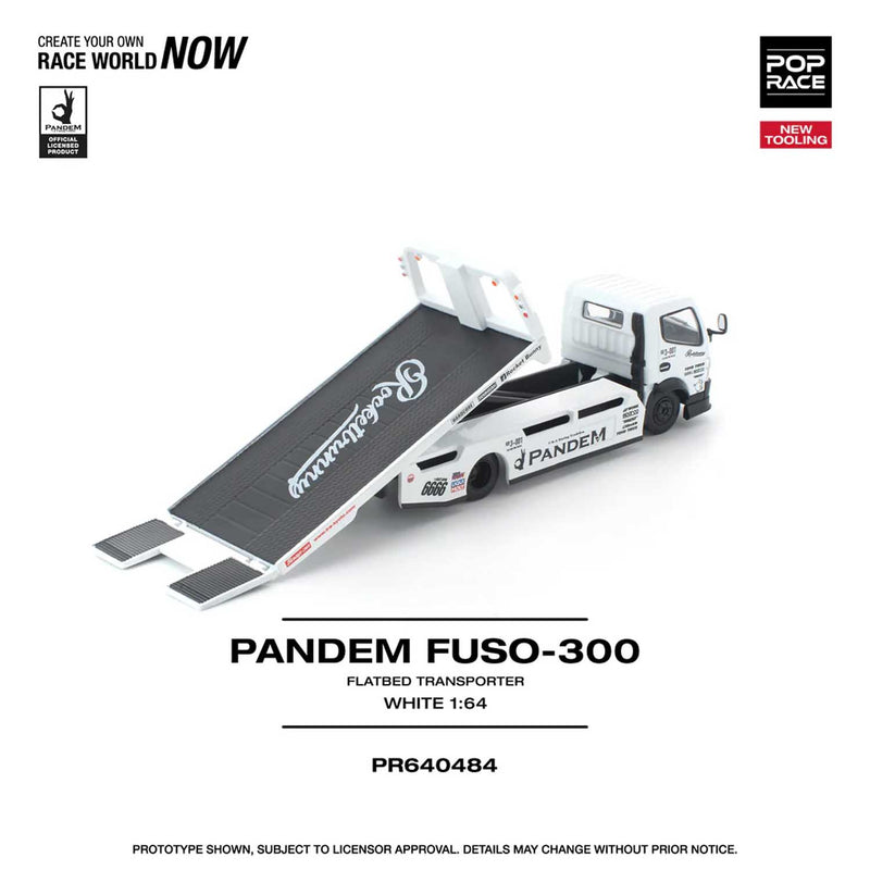 Load image into Gallery viewer, Pop Race - Pandem FUSO-300 Flatbed Transporter (White) 1/64 Scale Diecast Model Car (PR640484)

