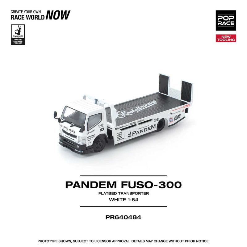 Load image into Gallery viewer, Pop Race - Pandem FUSO-300 Flatbed Transporter (White) 1/64 Scale Diecast Model Car (PR640484)
