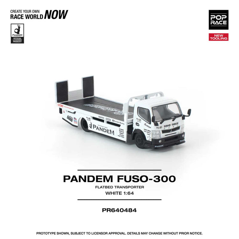 Load image into Gallery viewer, Pop Race - Pandem FUSO-300 Flatbed Transporter (White) 1/64 Scale Diecast Model Car (PR640484)
