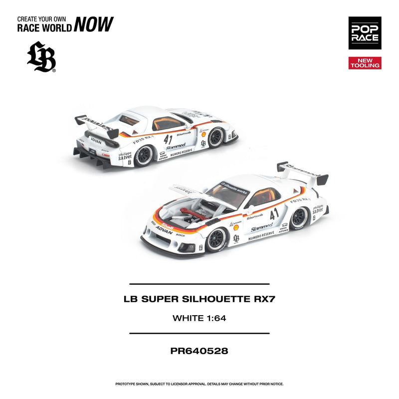 Load image into Gallery viewer, Pop Race - LB Super Silhouette RX7 (FD3S) (White) 1/64 Scale Diecast Model Car (PR640528)
