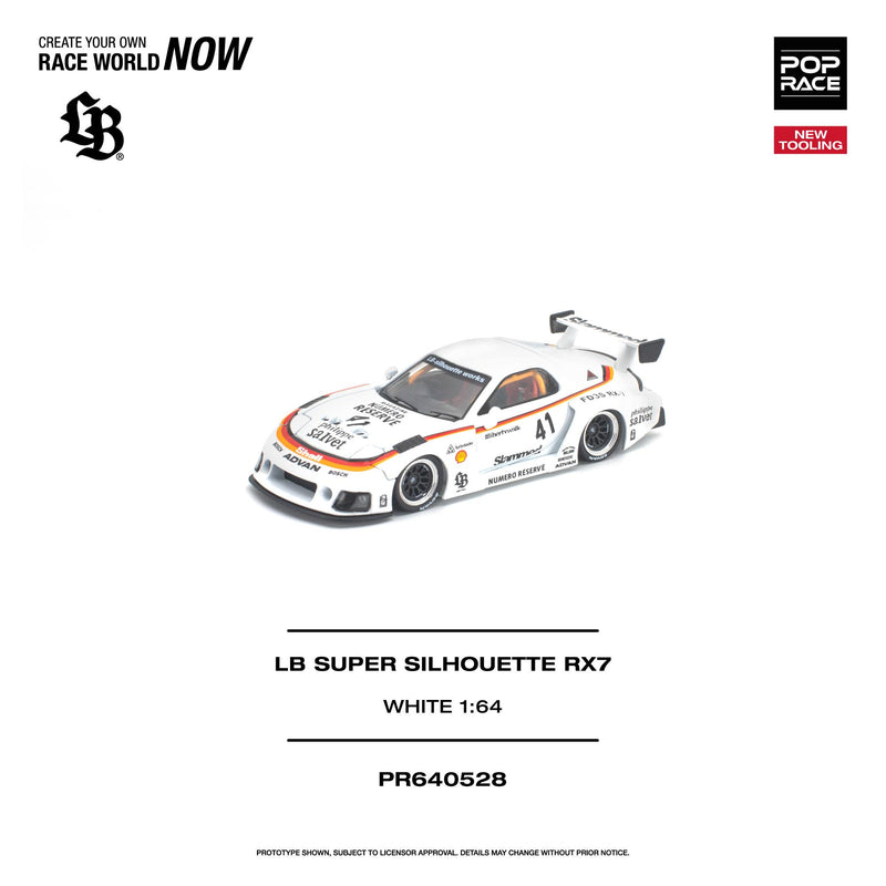 Load image into Gallery viewer, Pop Race - LB Super Silhouette RX7 (FD3S) (White) 1/64 Scale Diecast Model Car (PR640528)
