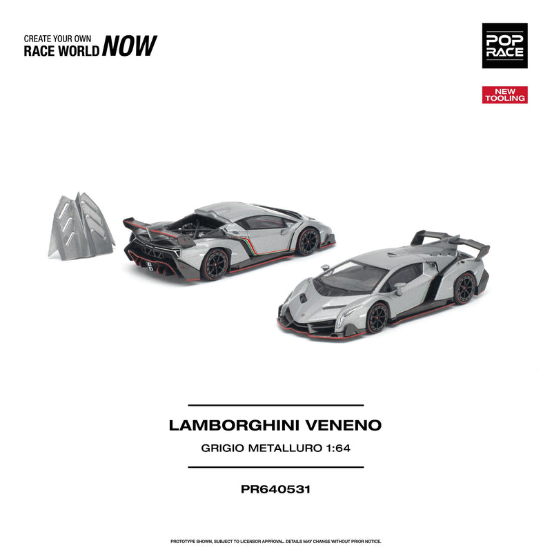 Load image into Gallery viewer, Pop Race - Lamborghini Veneno (Grigio Metalluro) 1/64 Scale Diecast Model Car (PR640531)
