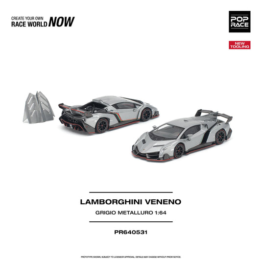 Pop Race - Lamborghini Veneno (Grigio Metalluro) 1/64 Scale Diecast Model Car (PR640531)