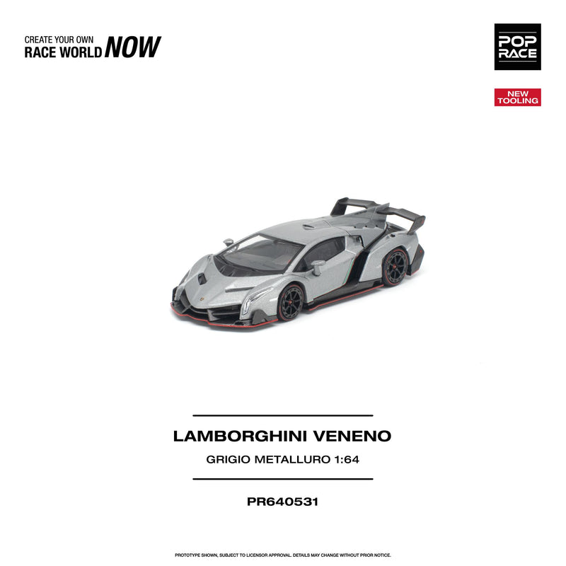 Load image into Gallery viewer, Pop Race - Lamborghini Veneno (Grigio Metalluro) 1/64 Scale Diecast Model Car (PR640531)
