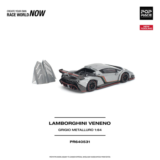 Pop Race - Lamborghini Veneno (Grigio Metalluro) 1/64 Scale Diecast Model Car (PR640531)