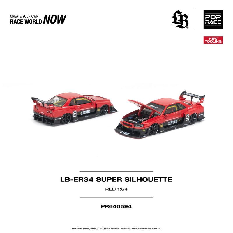 Load image into Gallery viewer, Pop Race - LB-ER34 Super Silhouette (Red) 1/64 Scale Diecast Model Car (PR640594)
