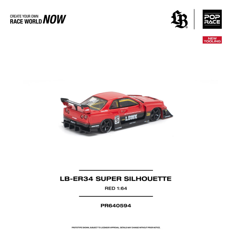 Load image into Gallery viewer, Pop Race - LB-ER34 Super Silhouette (Red) 1/64 Scale Diecast Model Car (PR640594)
