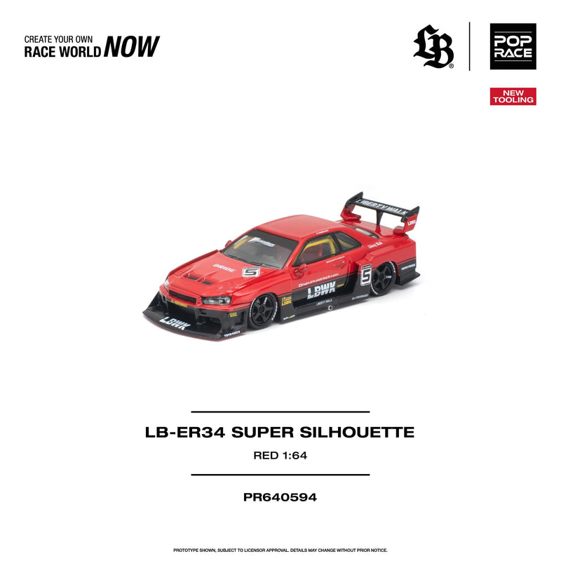 Load image into Gallery viewer, Pop Race - LB-ER34 Super Silhouette (Red) 1/64 Scale Diecast Model Car (PR640594)
