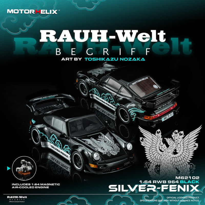 Load image into Gallery viewer, MotorHelix - RWB 964 (Black) (Silver-Fenix) 1/64 Scale Diecast Model Car (M62102)
