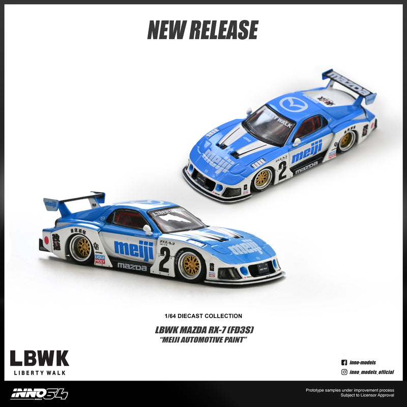 Load image into Gallery viewer, INNO64 - LBWK Mazda RX7 (FD3S) (Meiji Automotive Paint) 1/64 Scale Diecast Model Cars (IN64-LBWKRX7-10)
