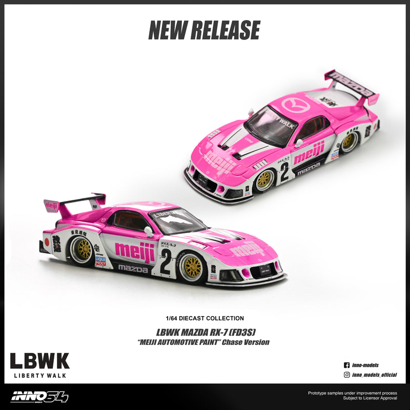 Load image into Gallery viewer, INNO64 - LBWK Mazda RX7 (FD3S) (Meiji Automotive Paint) 1/64 Scale Diecast Model Cars (IN64-LBWKRX7-10)
