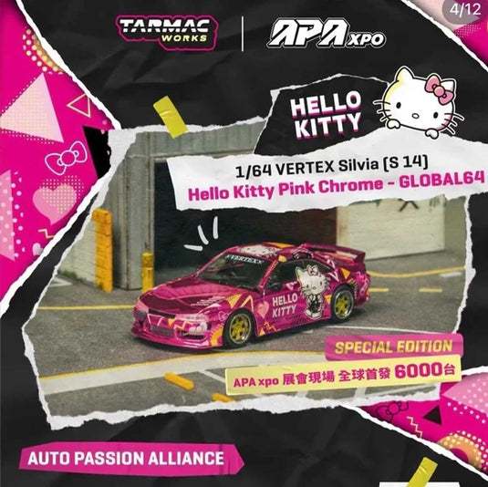 Tarmac Works - Global64 - Vertex Silvia S14 (Hello Kitty) (Pink Chrome APA XPO 2025) 1/64 Scale Diecast Model Car (T64G-018-HK2)