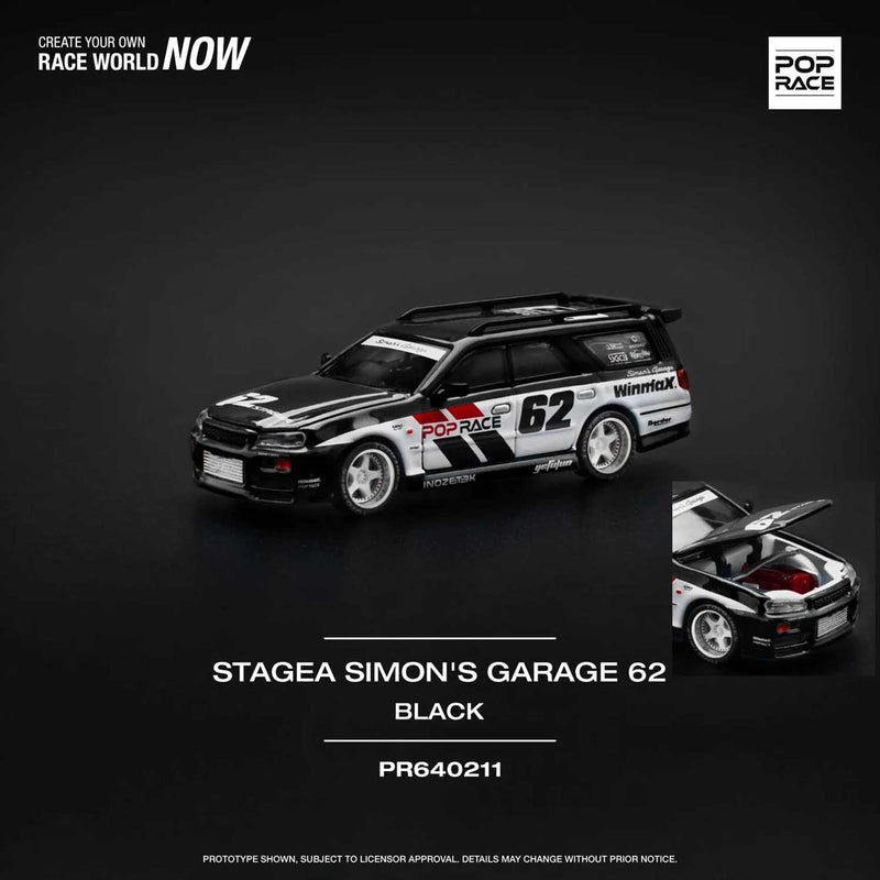 Load image into Gallery viewer, Pop Race - Nissan Stagea Simon's Garage 62 (Black) 1/64 Scale Diecast Model Car (PR640211)
