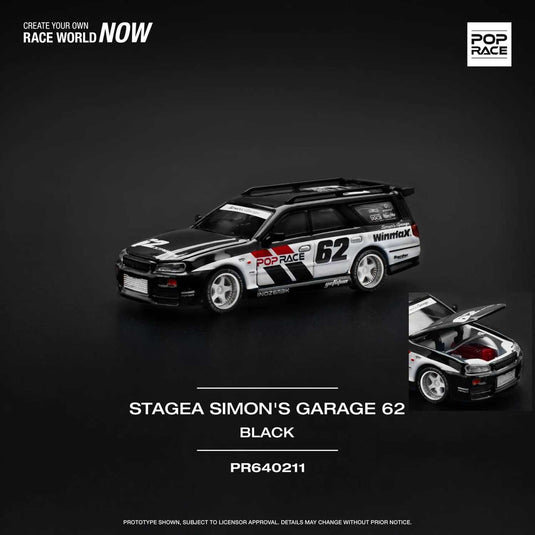Pop Race - Nissan Stagea Simon's Garage 62 (Black) 1/64 Scale Diecast Model Car (PR640211)