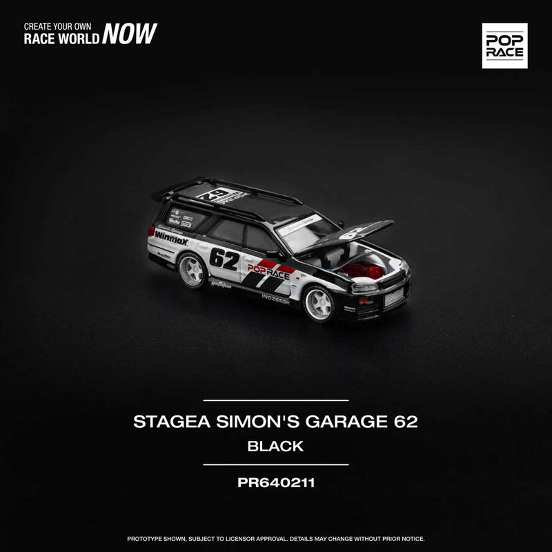 Load image into Gallery viewer, Pop Race - Nissan Stagea Simon's Garage 62 (Black) 1/64 Scale Diecast Model Car (PR640211)
